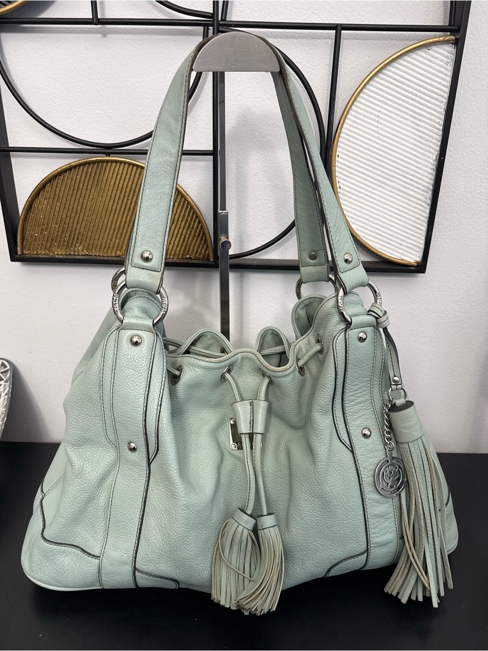 MCM Mint Green Leather Tassel Shoulder Bag